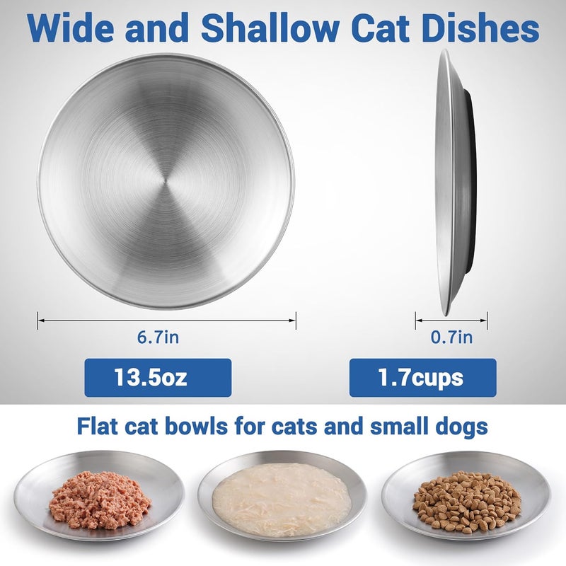 Kitwinney Stainless Steel Cat Bowls, Flat Cat Food Bowl Set with Silicone Ring for Non Slip, 6.7" Wide and Shallow Cats Dishes or Plates for Feeding Indoor Cats, Kitten, Small Dogs (Silver-6 Pack) - Image 4